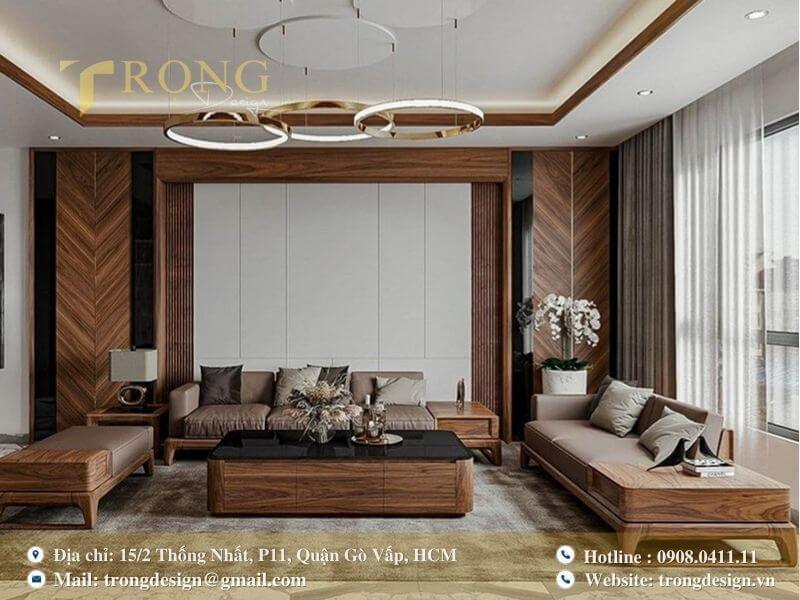 Nội thất phòng khách sang trọng với vách tường ốp gỗ vân chéo.