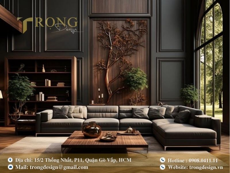 Phòng khách đẳng cấp, tân cổ điển với không gian ấm áp, sang trọng.