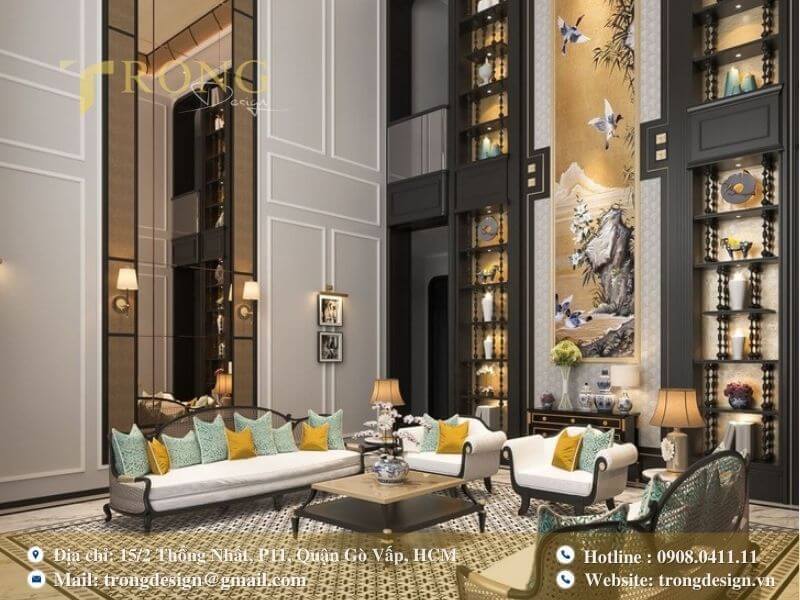 Phòng khách Đông Dương sang trọng, tinh tế với tranh nghệ thuật.