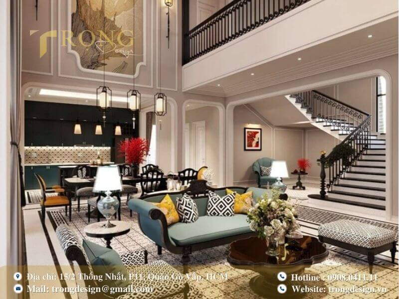 Phòng khách Đông Dương hiện đại với sàn gạch bông cổ điển.