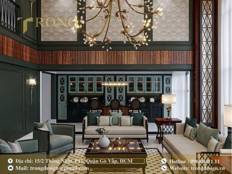 Phòng khách Đông Dương cá tính với tone màu xanh đậm.