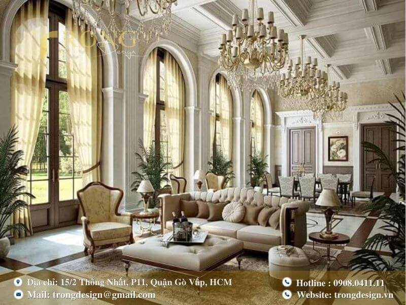 Phòng khách Tân Cổ Điển cổ kính, lãng mạn với cửa sổ vòm lớn.