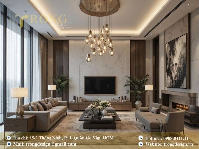 Phòng khách đẳng cấp với sàn và vách tường ốp đá cẩm thạch.