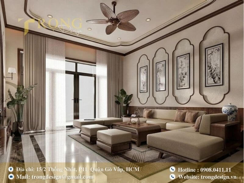 Phòng khách hiện đại thích hợp cho vợ chồng yêu sự tối giản, tinh tế.