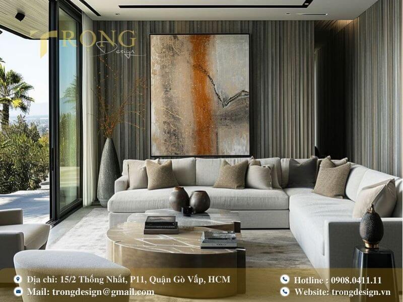 Thiết kế phòng khách với sự pha trộn giữa thủ công tinh xảo và nét hiện đại.