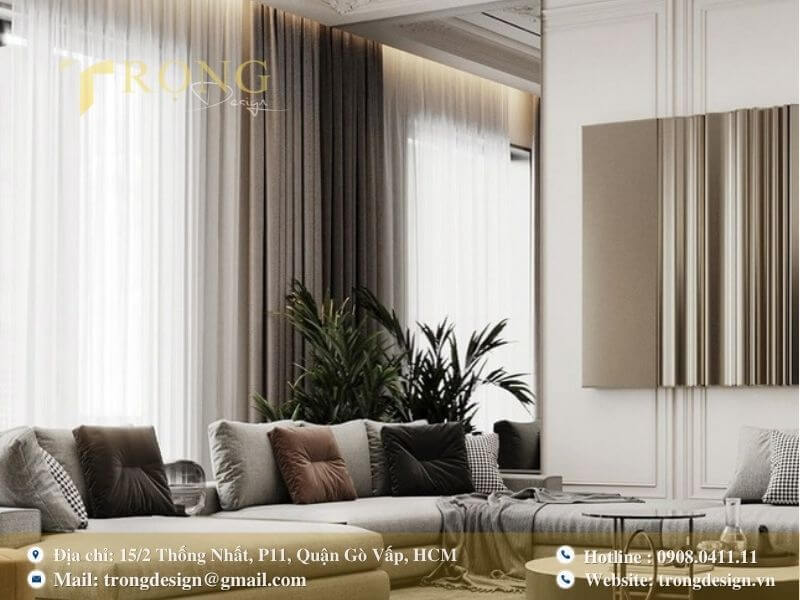 Phòng khách tân cổ điển hiện đại với sự ấm áp của tông màu trung tính.