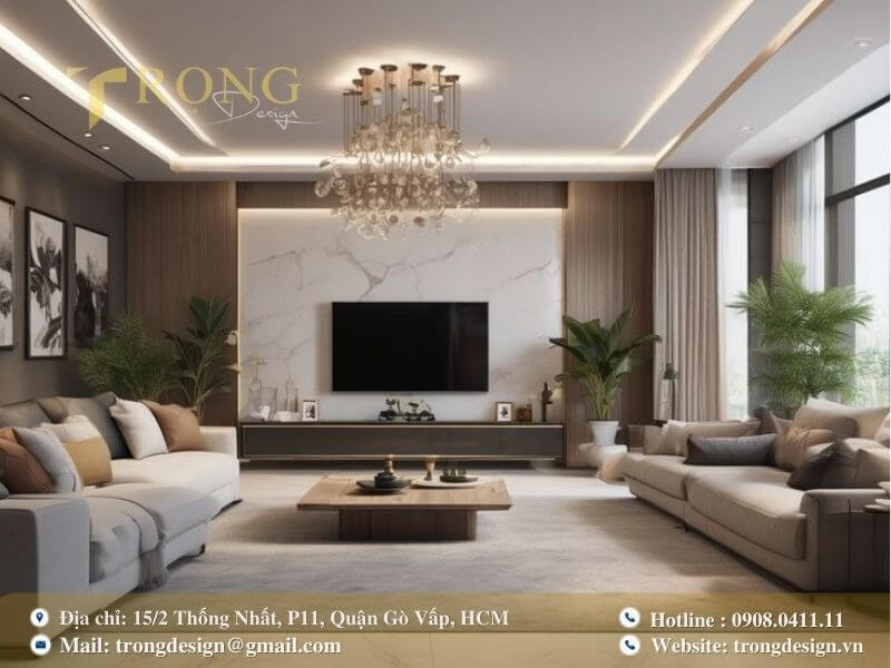Thiết kế sang trọng với sự kết hợp giữa sàn đá cẩm thạch và tường ốp gỗ.