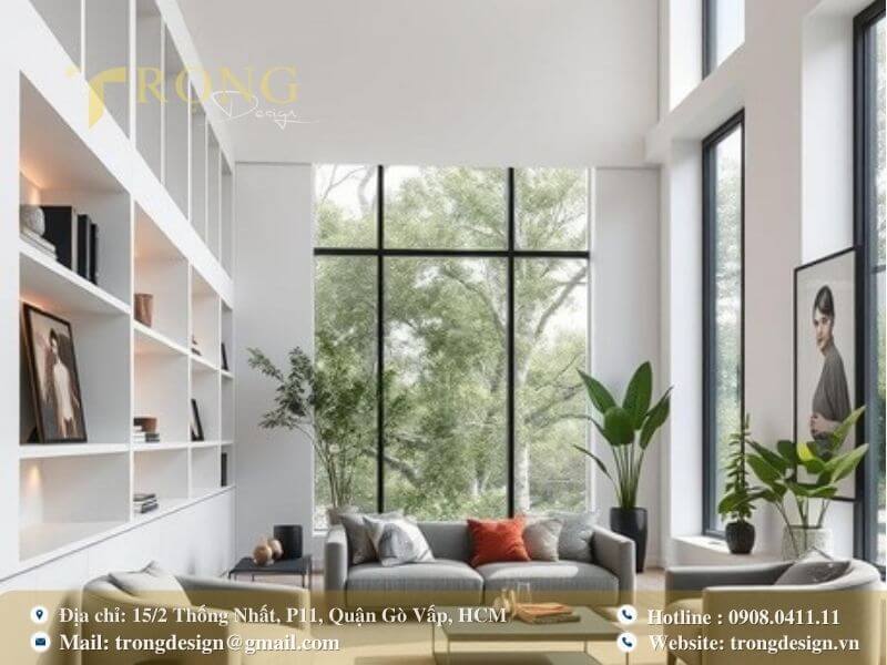 Thiết kế tối giản, hiện đại với hệ thống kệ âm tường thông minh và cửa sổ kính lớn.