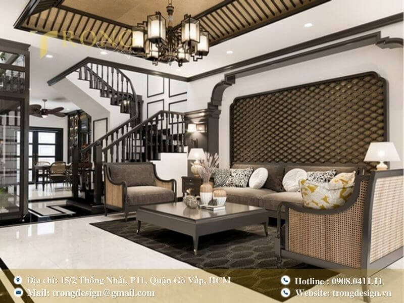 Không gian Indochine sang trọng, bí ẩn với bức tranh thủy mặc và nội thất tối màu.