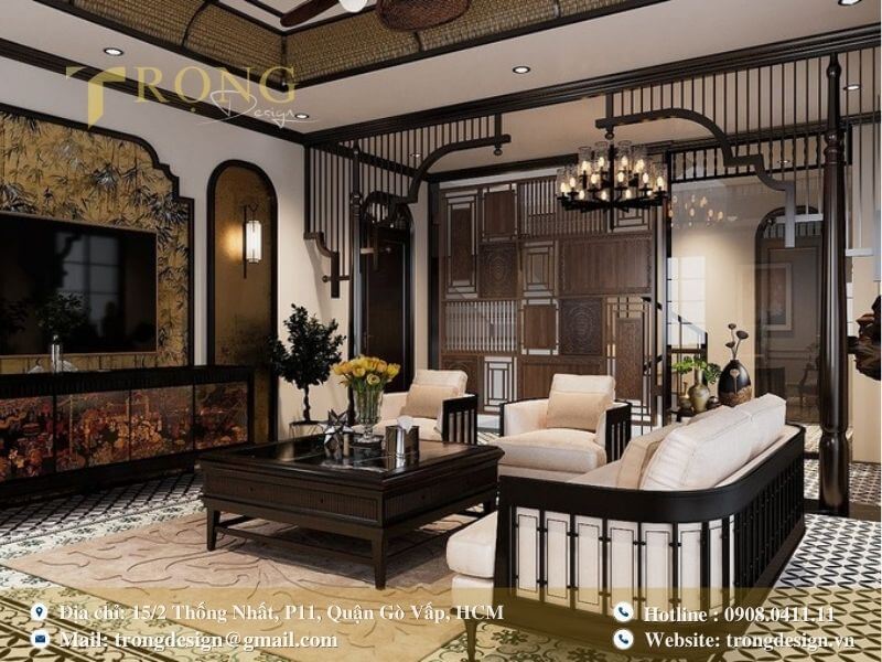 Phòng khách Indochine đương đại, phá cách với đèn chùm nghệ thuật.