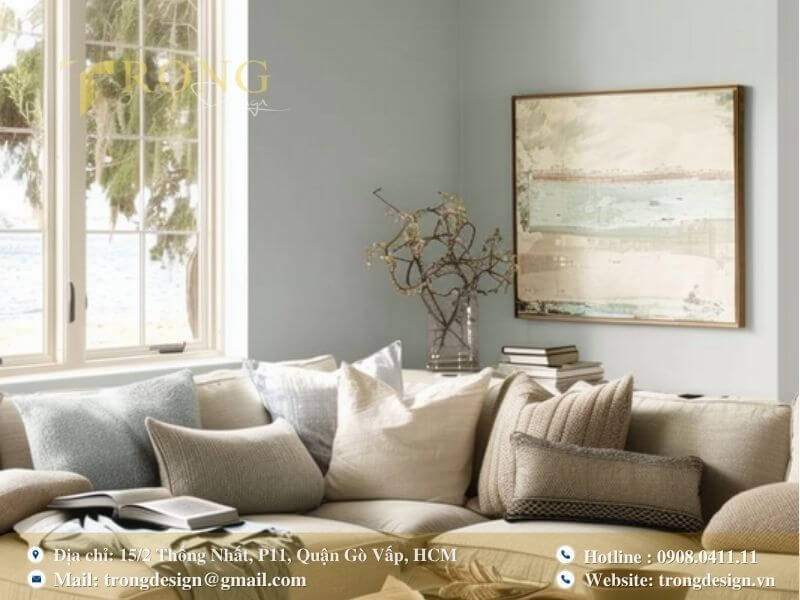 Không gian tối giản mộc mạc, ấm cúng với điểm nhấn là sofa màu cam đất nổi bật.