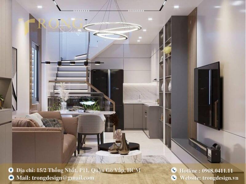 Không gian sống hiện đại, gọn gàng với cầu thang xoắn ốc.