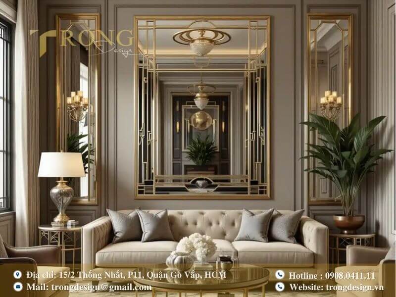 Không gian Art Deco lộng lẫy, đối xứng với gương khung vàng ấn tượng.
