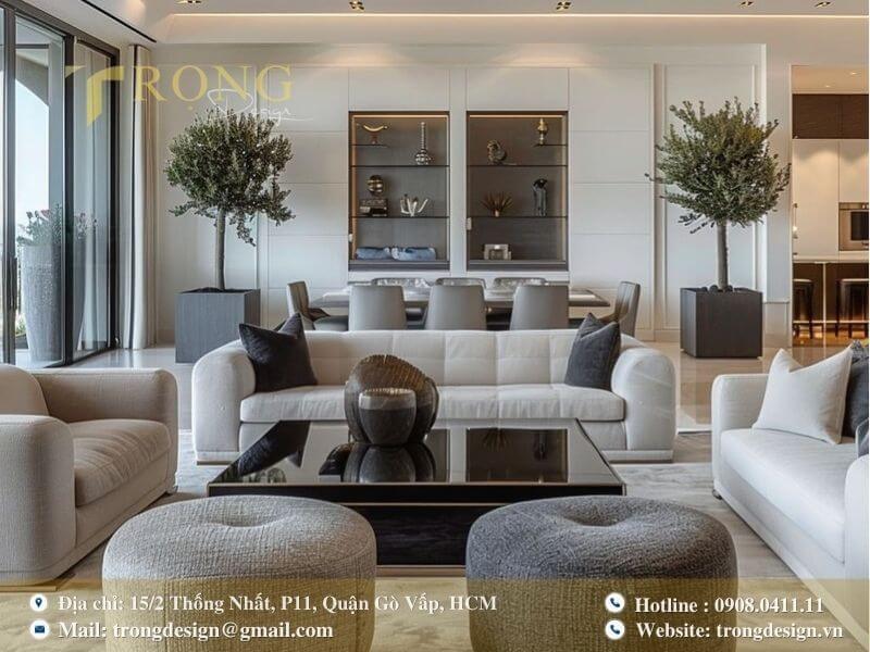 Phòng khách sang trọng hiện đại với bố cục cân đối.