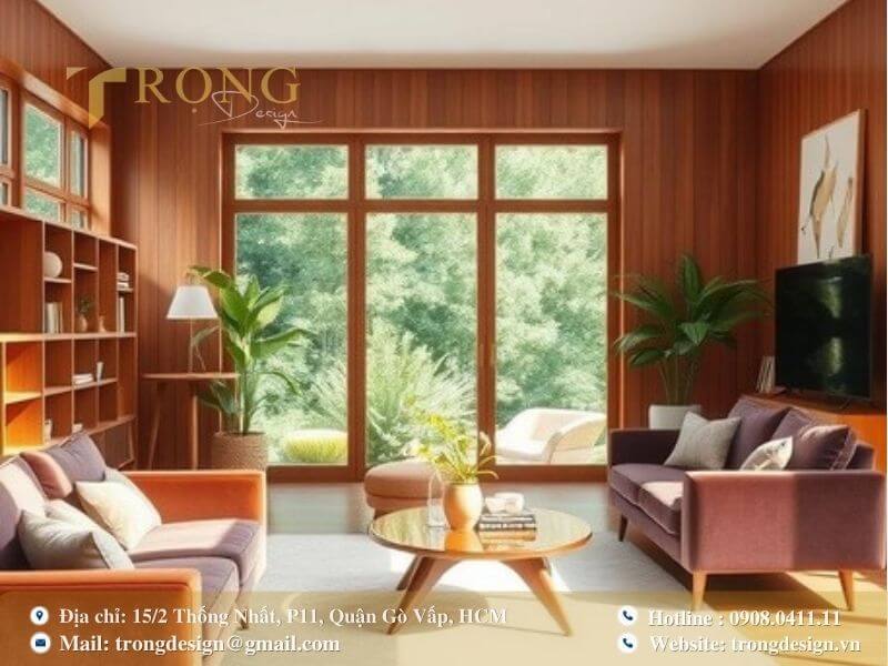 Phòng khách Mid-Century Modern với nội thất gỗ.