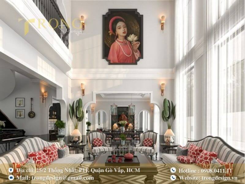 Phòng khách Indochine hiện đại, kết hợp giữa nét cổ điển Việt Nam và sự sang trọng.