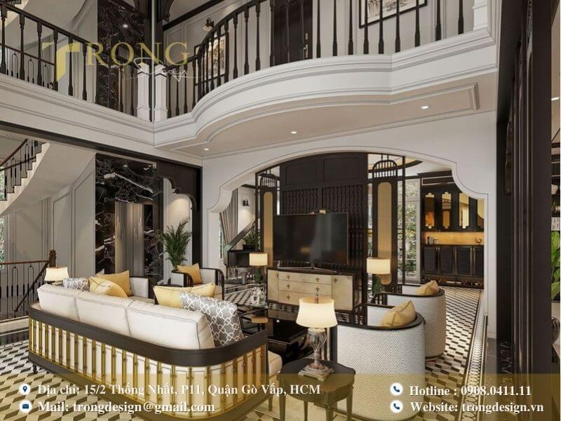Phòng khách Indochine lãng mạn với kiến trúc Pháp cổ điển và nội thất tinh tế.