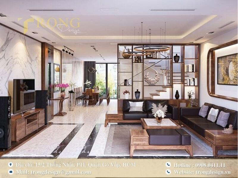Phòng khách nhà phố hiện đại, ấm cúng với nội thất gỗ cao cấp.