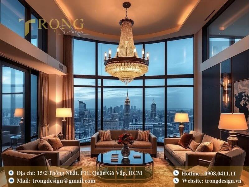 Phòng khách penthouse lộng lẫy với đèn chùm pha lê và tầm nhìn bao quát thành phố.