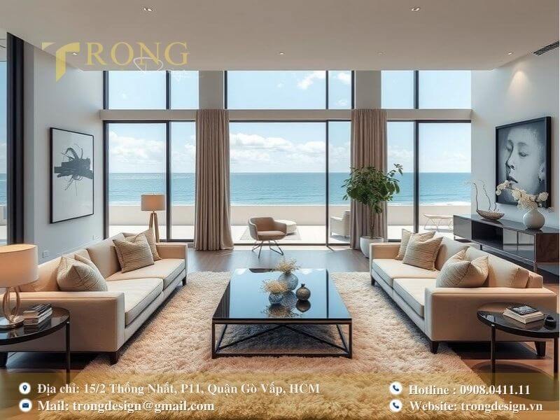 Phòng khách biệt thự ven biển với nội thất cao cấp và tầm nhìn ra đại dương bao la.