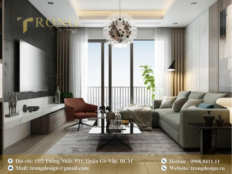 Phòng khách chung cư hiện đại với sự kết hợp hài hòa giữa các vật liệu và màu sắc.