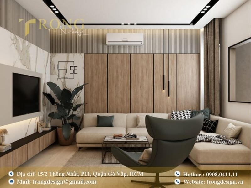 Phòng khách chung cư hiện đại, ấm cúng với sự kết hợp tinh tế của vật liệu tự nhiên.