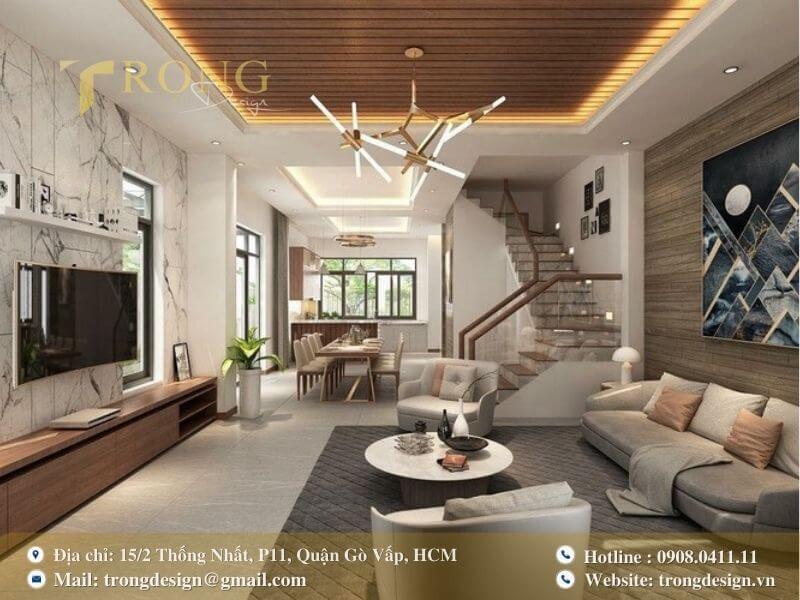 Thiết kế hiện đại, tinh tế với sự kết hợp hài hòa của đá và gỗ.