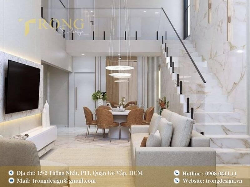 Phòng khách sang trọng với vật liệu đá cẩm thạch.