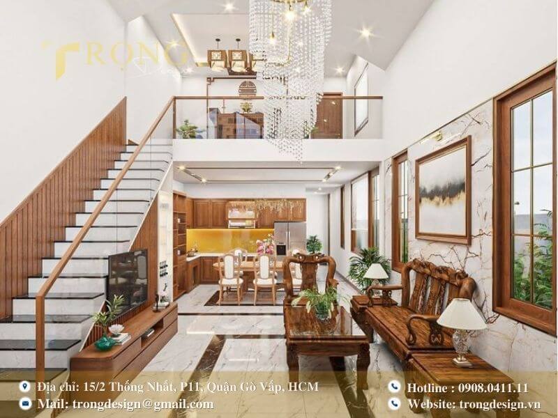 Không gian phòng khách cổ điển với nội thất gỗ quý phái.