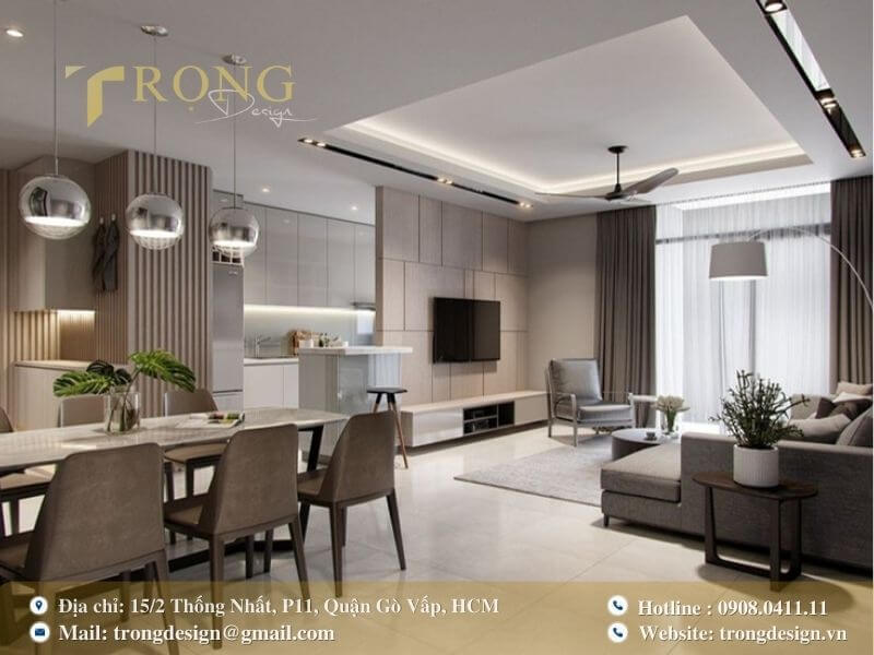 Phòng khách hiện đại, tối giản với tông màu trung tính.