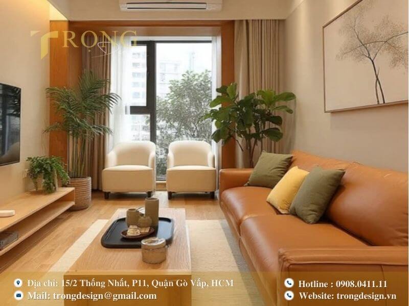 Phòng khách mang phong cách Japandi ấm cúng và gần gũi với thiên nhiên.