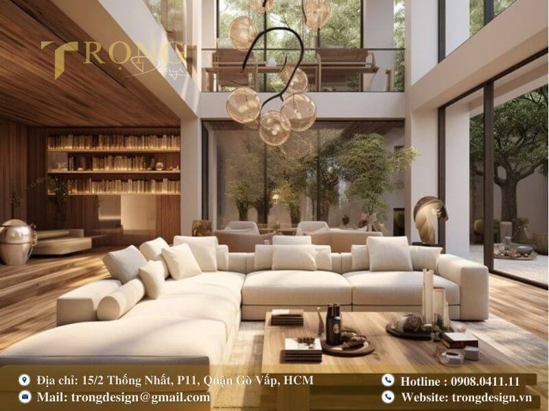 Phòng khách hiện đại, sang trọng với chất liệu gỗ tự nhiên và ánh sáng tuyệt đẹp.