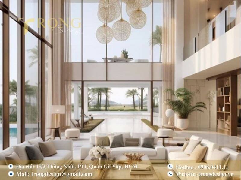 Phòng khách sang trọng, tràn ngập ánh sáng tự nhiên với phong cách nghỉ dưỡng.
