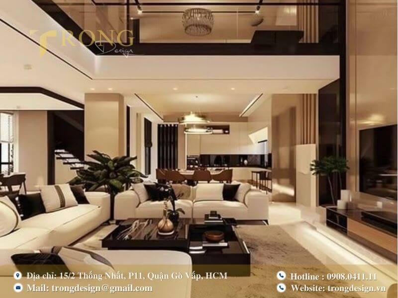 Thiết kế phòng khách hiện đại với sự tương phản của hai tông màu trắng và đen.