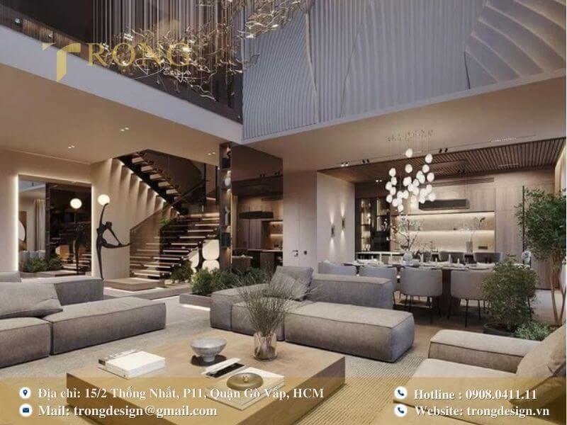 Thiết kế phòng khách độc đáo, hiện đại với các chi tiết trang trí nghệ thuật.