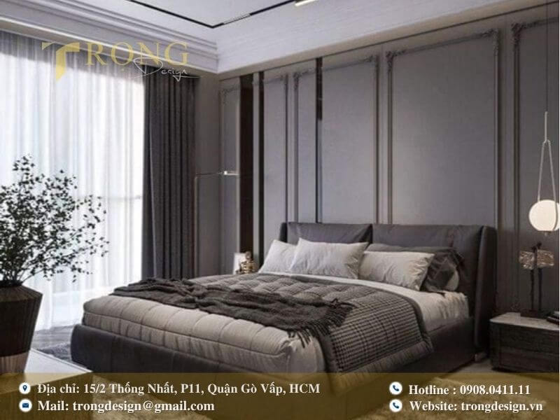 Phòng ngủ hiện đại, lịch lãm với tông xám và các chi tiết trang trí tinh tế.