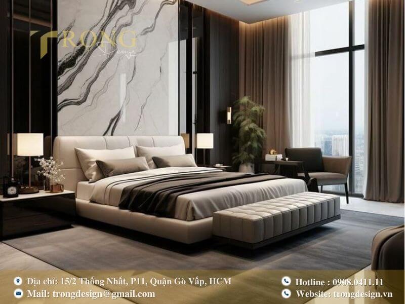 Phòng ngủ hiện đại, đẳng cấp với tường ốp đá cẩm thạch và tầm nhìn thành phố.