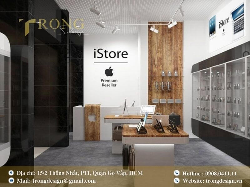 Thiết kế hiện đại, sang trọng với sự tương phản giữa gỗ và các tông màu đơn sắc.