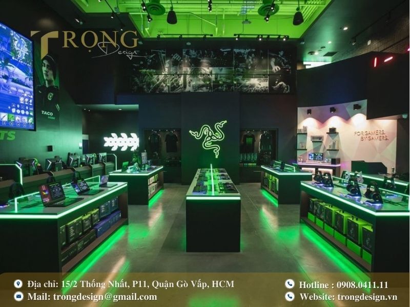 Cửa hàng tối giản với ánh sáng xanh neon tạo không gian gaming ấn tượng