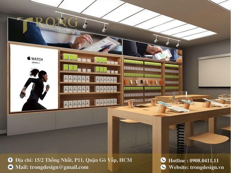 Cửa hàng sử dụng nội thất gỗ ấm áp kết hợp với bảng hiệu quảng cáo kỹ thuật số