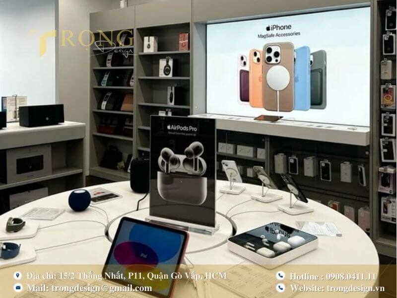 Cửa hàng Apple với bàn tròn trung tâm trưng bày phụ kiện và thiết bị ngoại vi