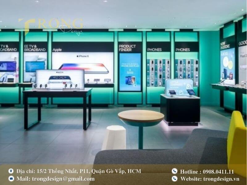 Cửa hàng tối giản, cao cấp với ánh sáng neon xanh ngọc