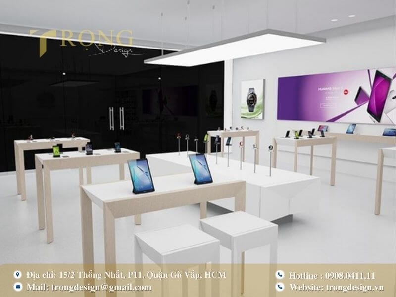 Cửa hàng công nghệ tối giản với tông trắng và điểm nhấn tím nổi bật.