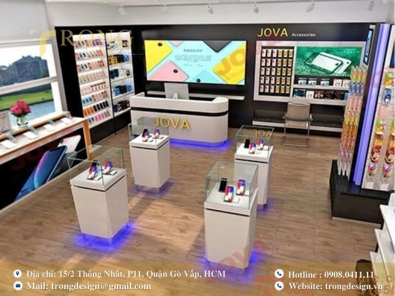Cửa hàng thoáng đãng, kết hợp sàn gỗ, tường đen và bục trưng bày điện thoại.