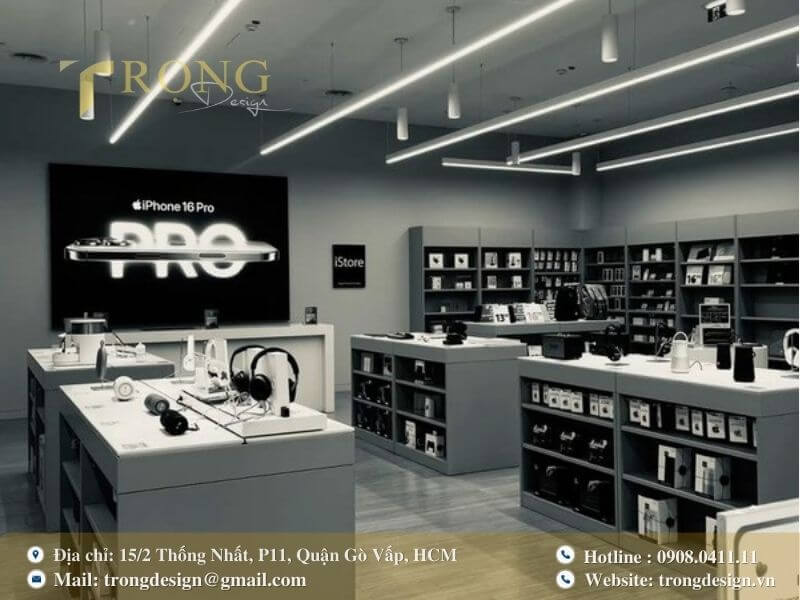 Thiết kế cửa hàng phong cách monochrome hiện đại và ánh sáng mạnh mẽ.