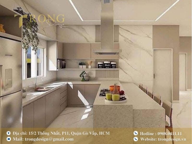 Bếp ấm cúng với tông màu be, kết hợp cùng chất liệu đá cẩm thạch sang trọng.
