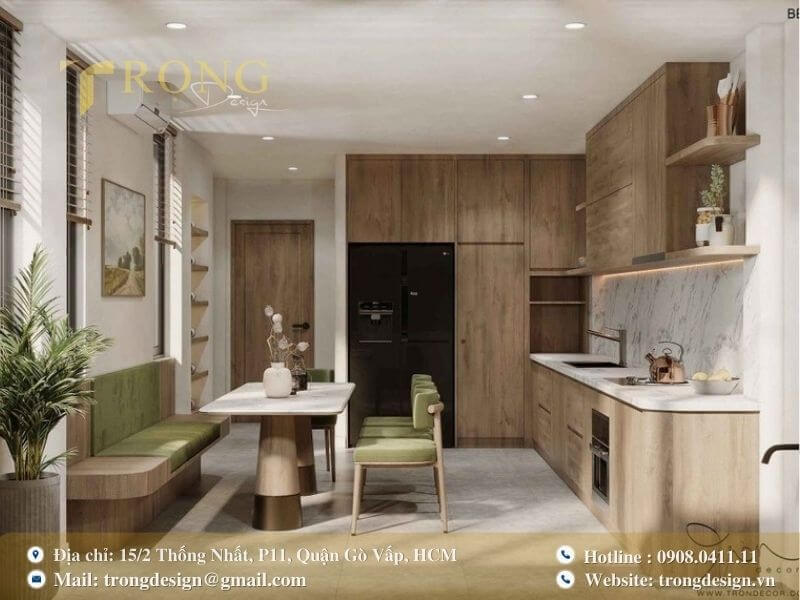 Bếp mang phong cách tự nhiên, tươi mới với nội thất màu gỗ và xanh lá cây.