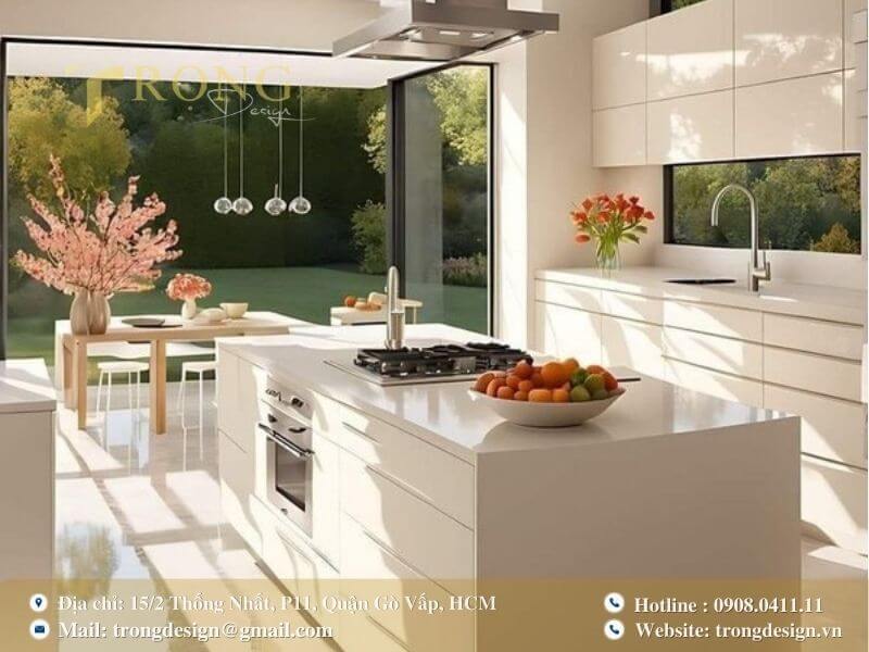 Bếp hiện đại, ngập tràn ánh sáng với tông màu trắng và tầm nhìn ra khu vườn.
