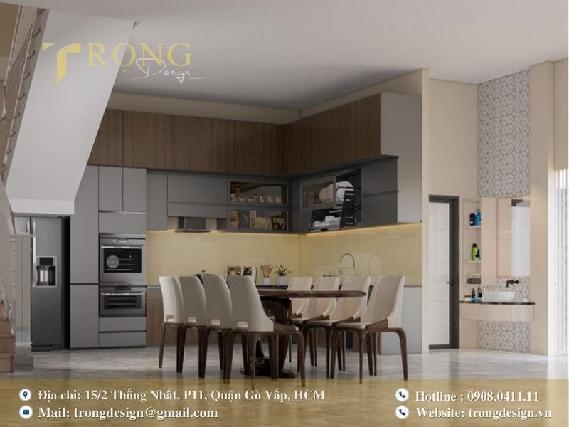 Tủ bếp hai màu kết hợp cùng bề mặt ốp tường tạo nên sự tối giản và hiện đại.