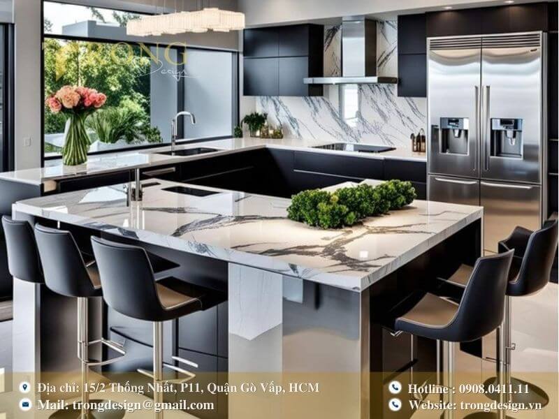 Phong cách sang trọng với đảo bếp bằng đá cẩm thạch và các thiết bị thép không gỉ.